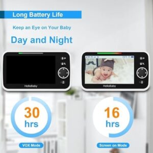 HelloBaby Baby Monitor, HB6550 with Camera and Night Vision, 5''Display with 30-Hour Battery, Pan-Tilt-Zoom Video Baby Monitor No WiFi, 2-Way Talk, Temperature, 8 Lullabies and 1000ft Range Black & White 5 Inch (1 Cam)