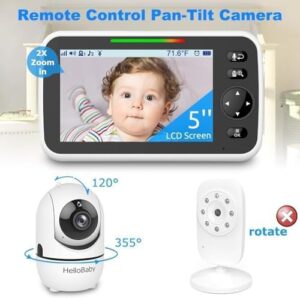 HelloBaby Baby Monitor, HB6550 with Camera and Night Vision, 5''Display with 30-Hour Battery, Pan-Tilt-Zoom Video Baby Monitor No WiFi, 2-Way Talk, Temperature, 8 Lullabies and 1000ft Range Black & White 5 Inch (1 Cam)
