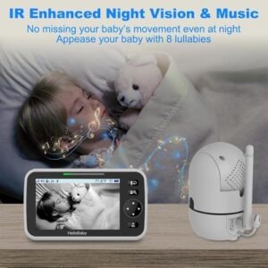 HelloBaby Baby Monitor, HB6550 with Camera and Night Vision, 5''Display with 30-Hour Battery, Pan-Tilt-Zoom Video Baby Monitor No WiFi, 2-Way Talk, Temperature, 8 Lullabies and 1000ft Range Black & White 5 Inch (1 Cam)