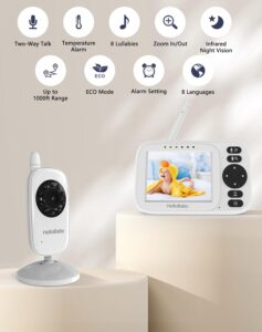 HelloBaby Baby Monitor with Camera and Night Vision, 3.2” Screen, No Wifi | USB Cable, Manually Adjustable Camera, 2-Way Talk, IR Night Vision, VOX Mode, 1000ft Range, Temperature Display, 8 Lullabies HB2438