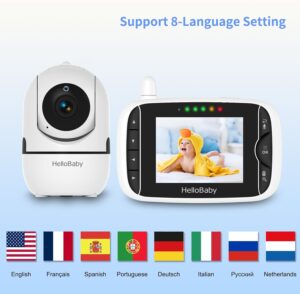 HelloBaby Baby Monitor,Upgrade Baby Monitor with Camera and Night Vision,No Wifi,355°/120° Remote Pan Tilt Camera 2x Zoom, ECO Mode,2-way talk,Up to 1000ft,Temperature 3.2 inch(White)